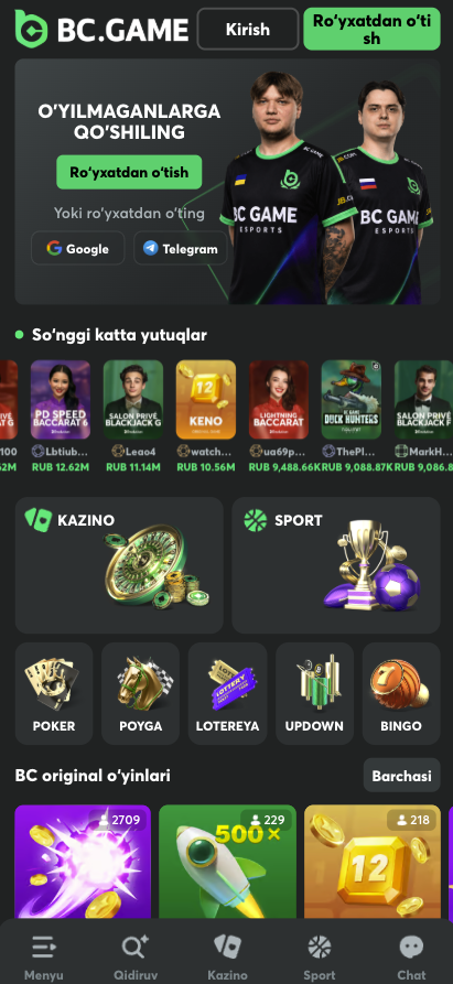 BC.Game mobil ilovasi ekrani